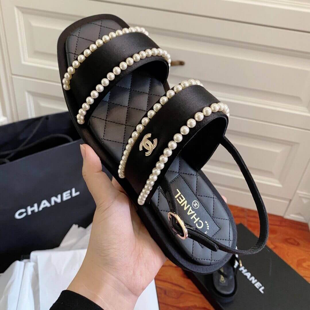 Chanel Satin & Imitation Pearls Sandals G38423 Black