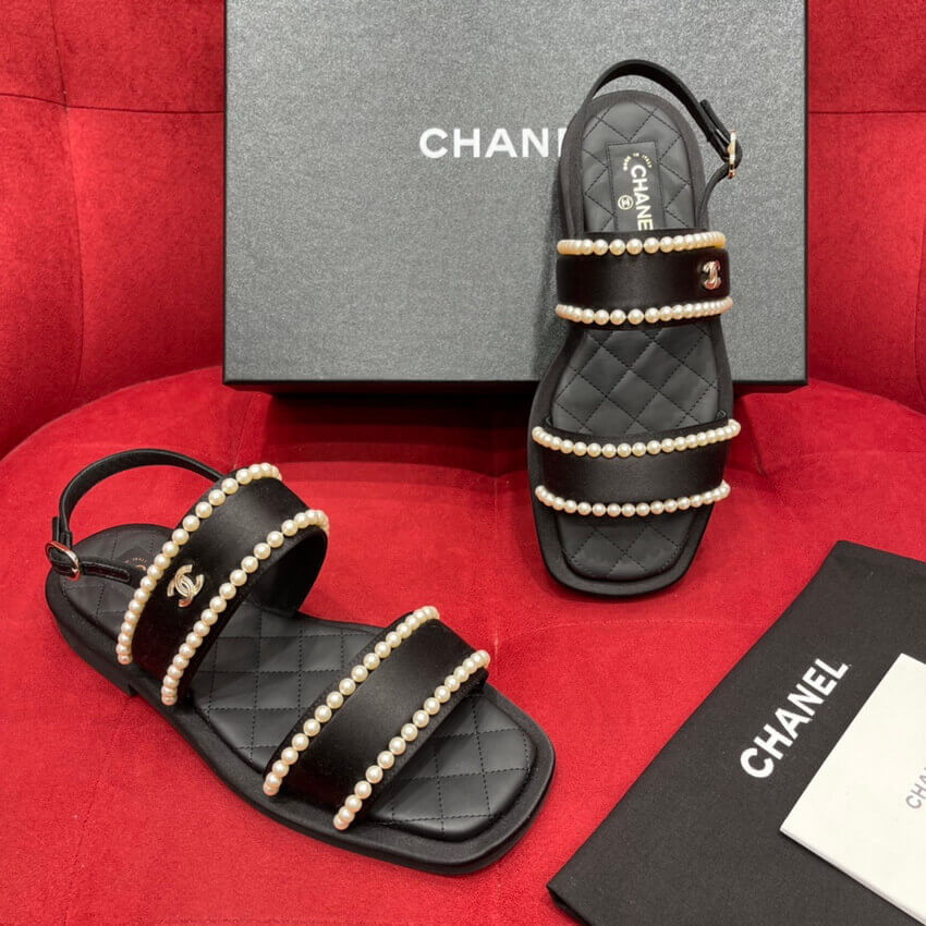 Chanel Satin & Imitation Pearls Sandals G38423 Black