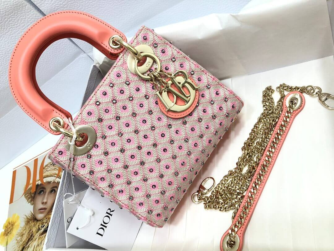 Lady Dior Mini Coral Pink Two-Tone Thread Embroidery Bag M0505 With Honeycomb Pattern And Rhinestones