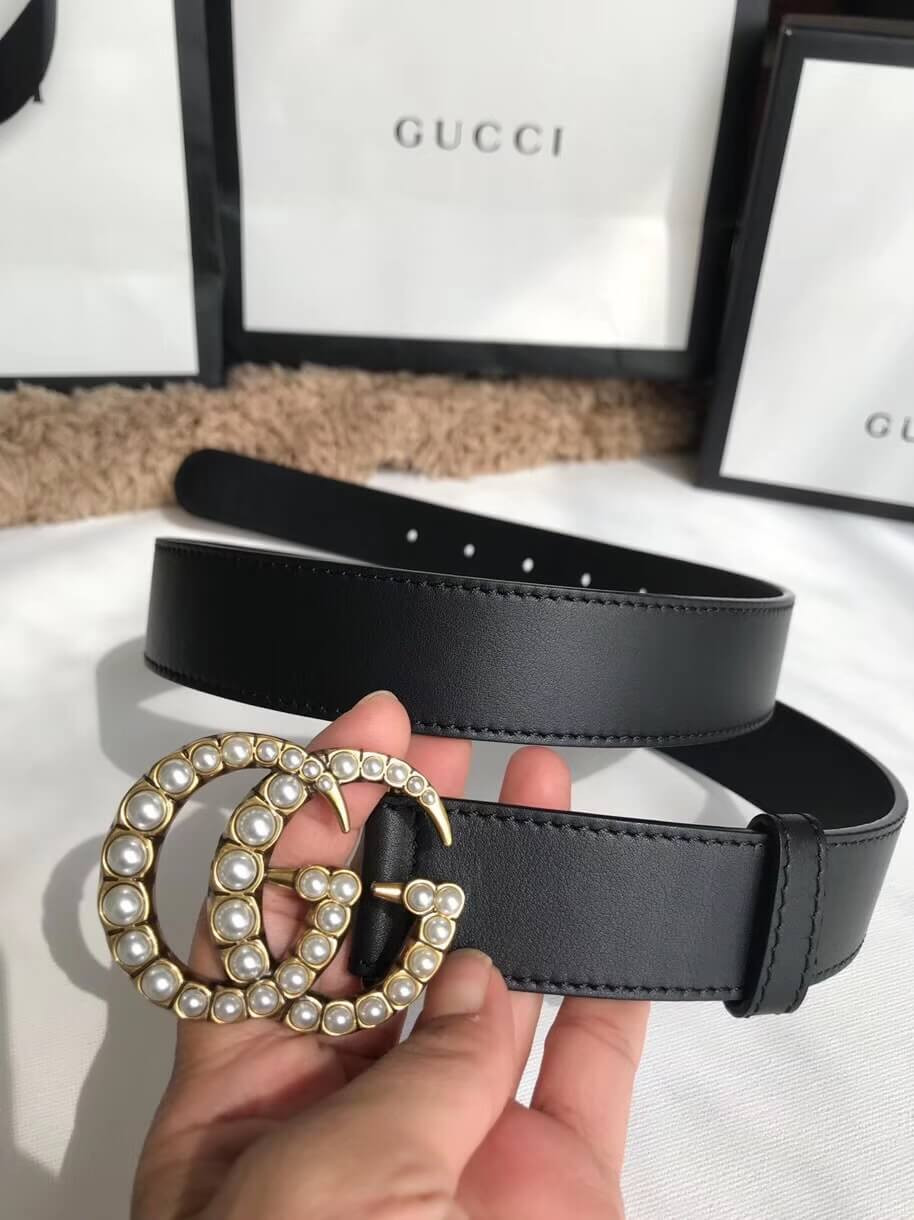 Gucci 30mm Leather Belt With Pearl Double G 453260