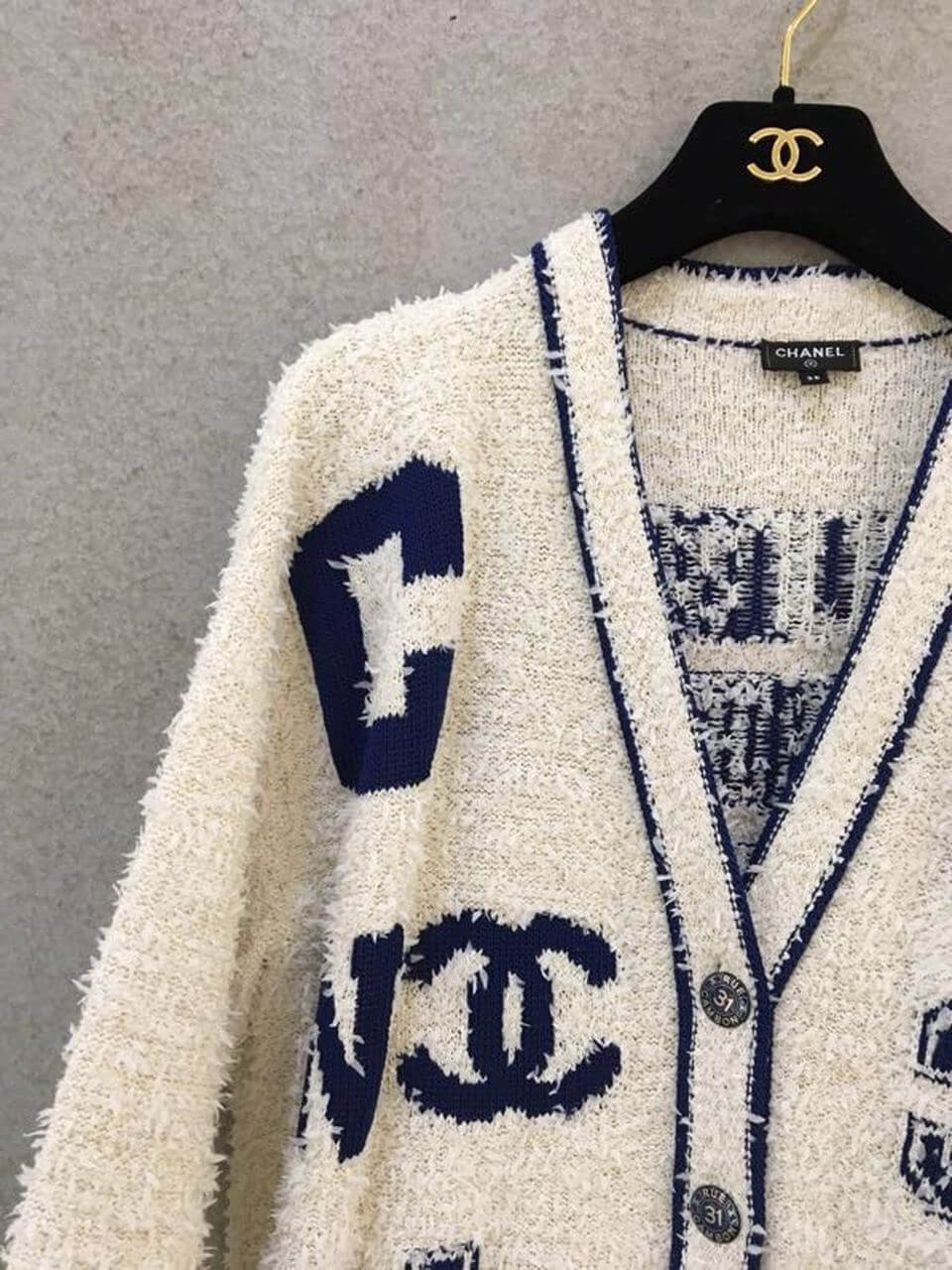 Chanel Varsity Logo iconic Oversized Wool Cashmere Cardigan C1401