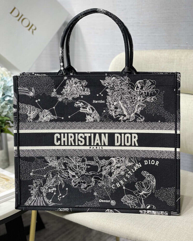 Christian Dior Large Book Tote Black Toile de Jouy Zodiac Embroidery M1286