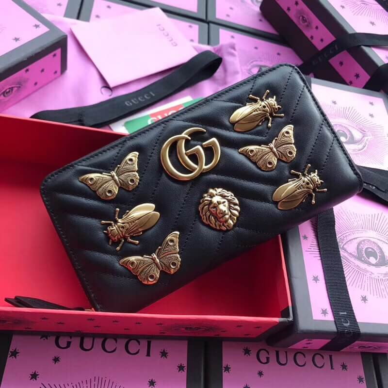 Gucci GG Animal Metal Marmont Studs Zip Around Wallet 443123