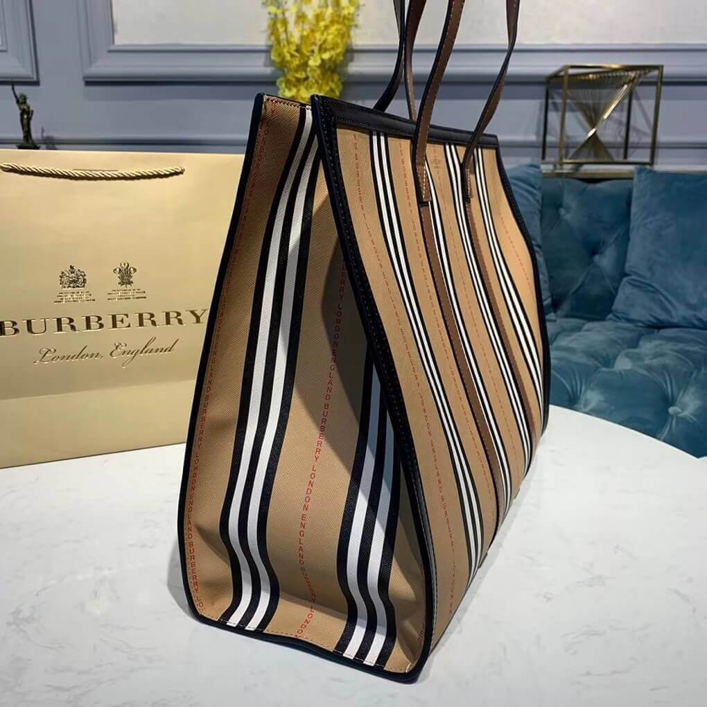Burberry Logo and Stripe E-canvas Portrait Tote Bag 80223771