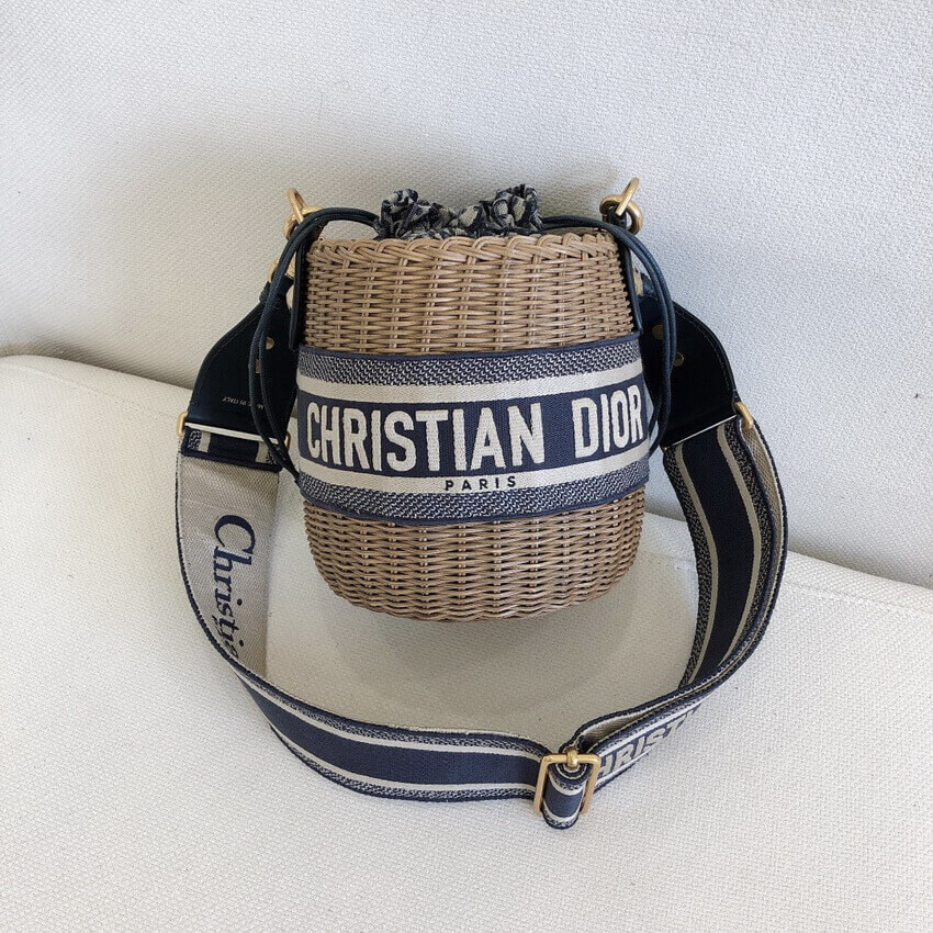 Christian Dior Wicker Basket Shoulder Bag Blue Oblique M7600