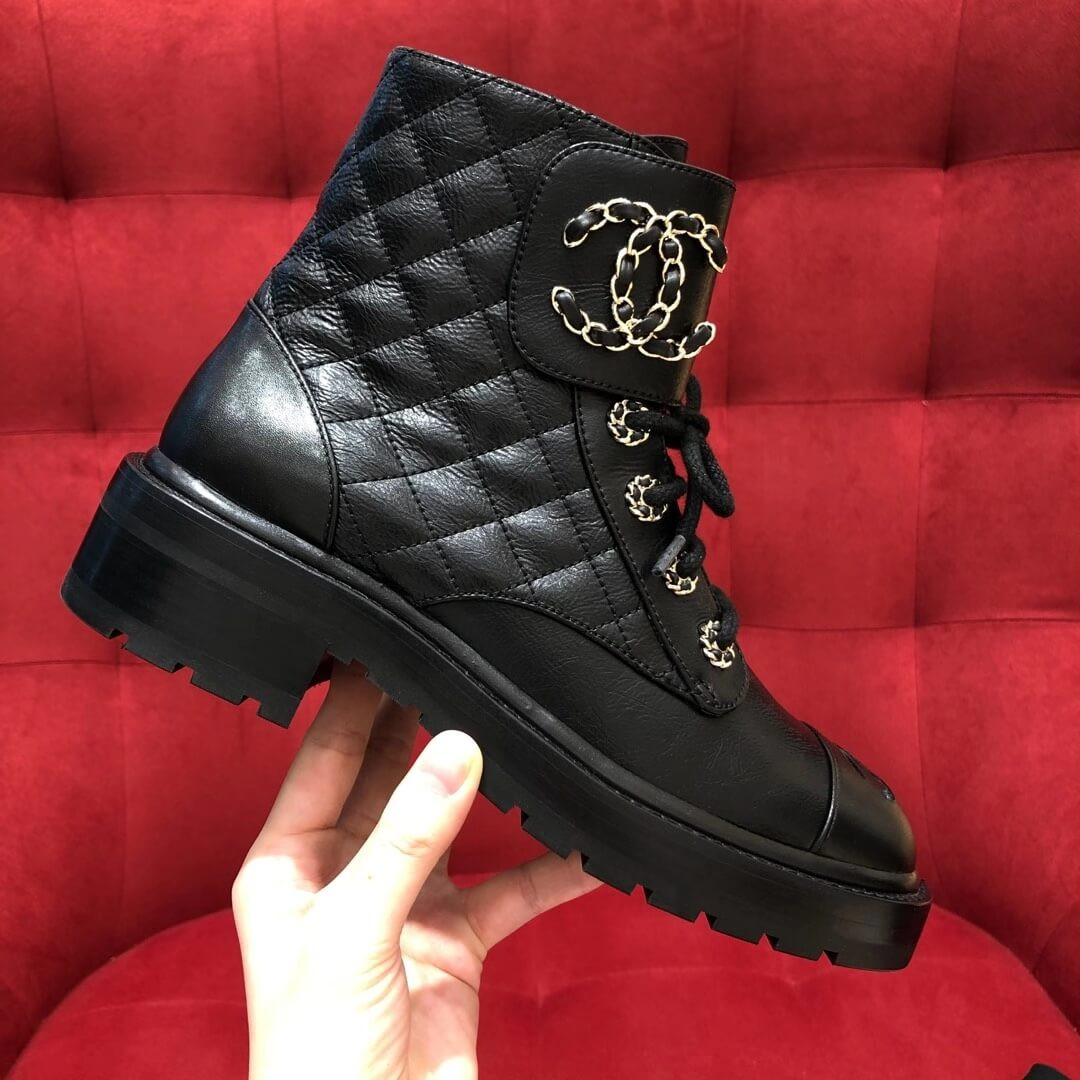 Chanel Black Quilted Leather Lace Up Boots