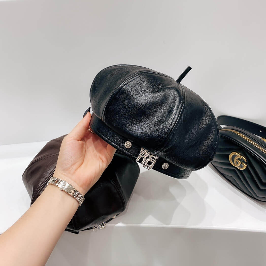 Alexander Wang Leather With Crystal Logo Beret Hat 1305