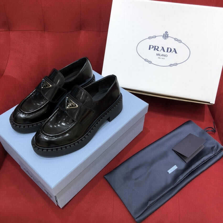Prada Black Chocolate Brushed Leather Loafers 1D246M