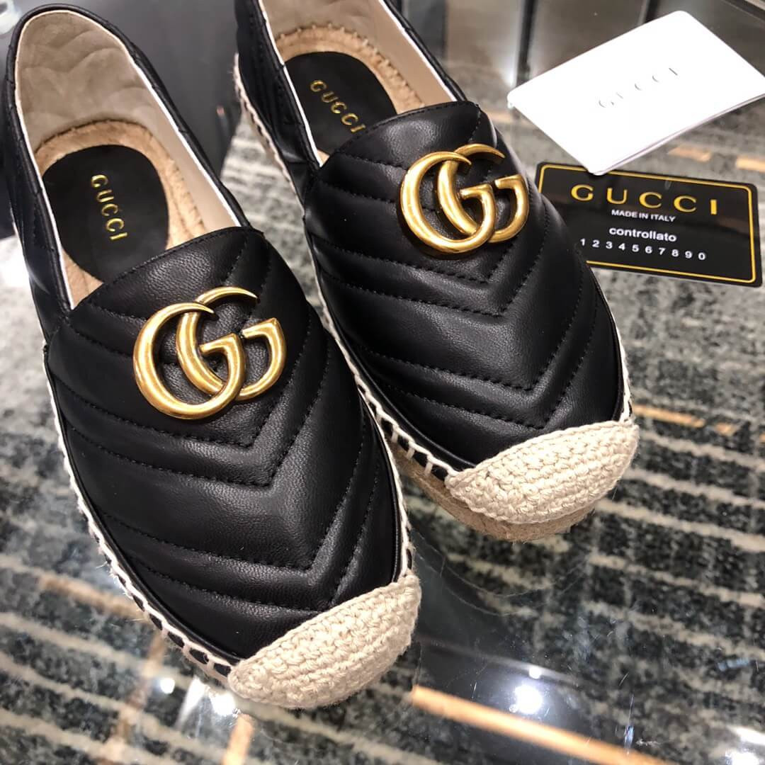 Gucci Chevron Leather Espadrille With Double G 551890 Black