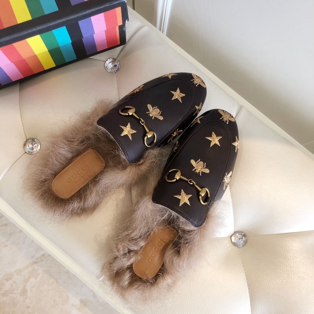 Gucci Princetown Bees and Stars Embroidered Fur Slipper Mules 448653