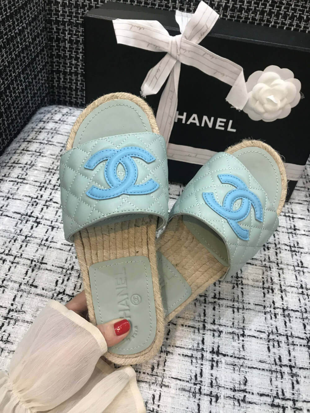 Chanel CC Quilted Mules G35604 Light Blue/Blue