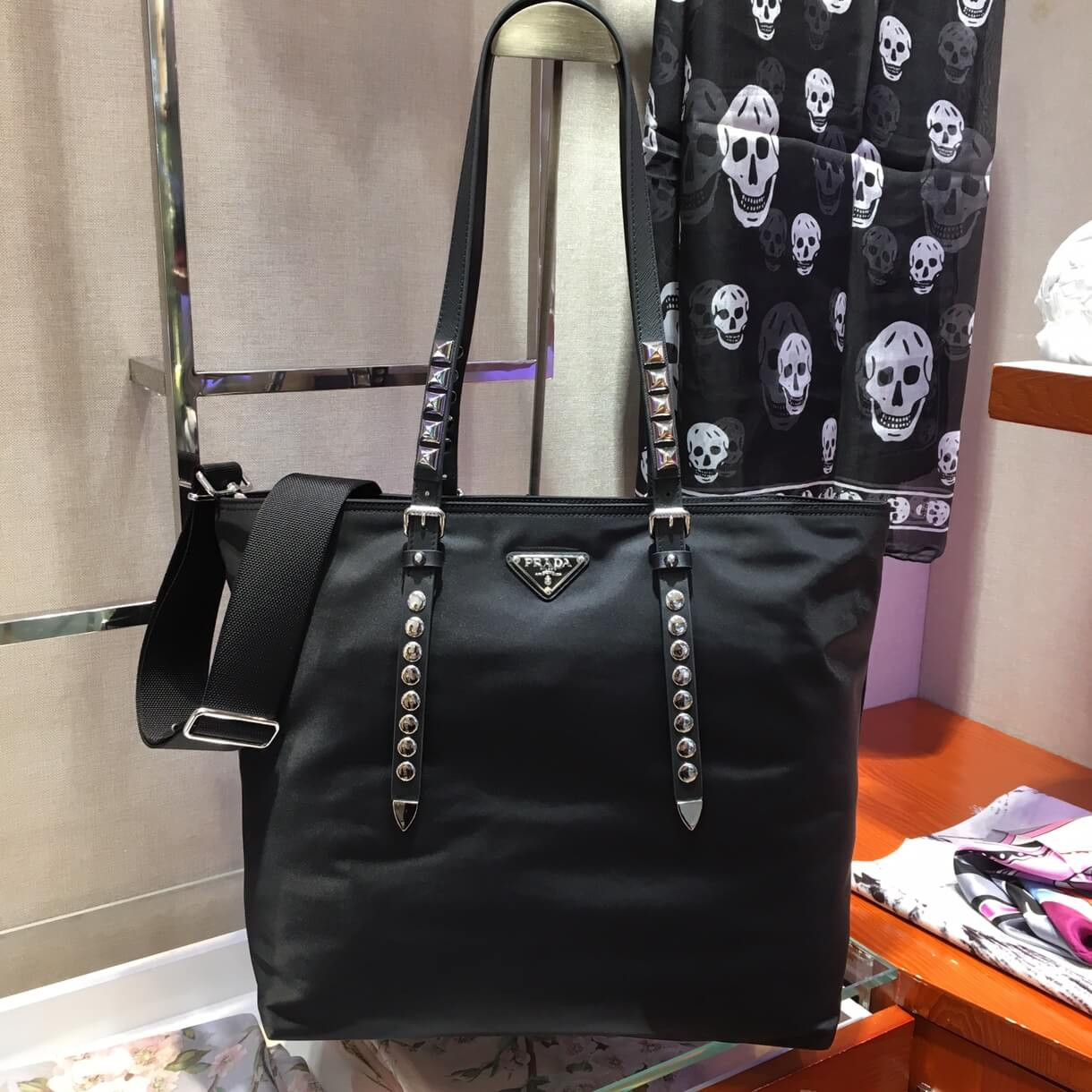 Prada Black Nylon Tote With Leather And Studs 1BG212