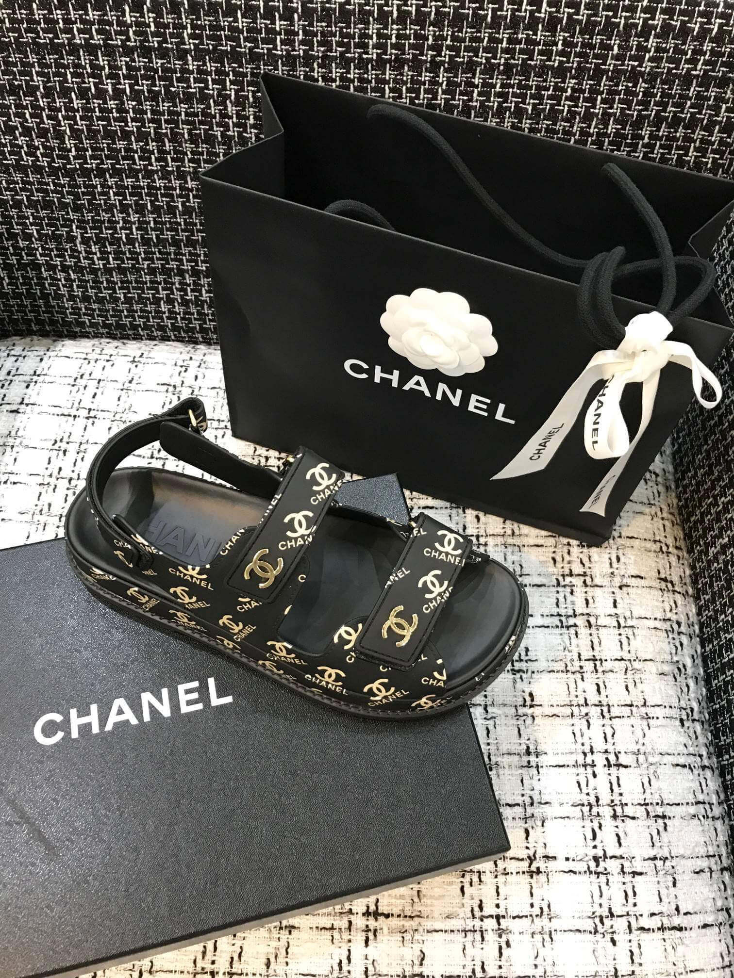 Chanel Velcro Sandals G31848 Black/Gold
