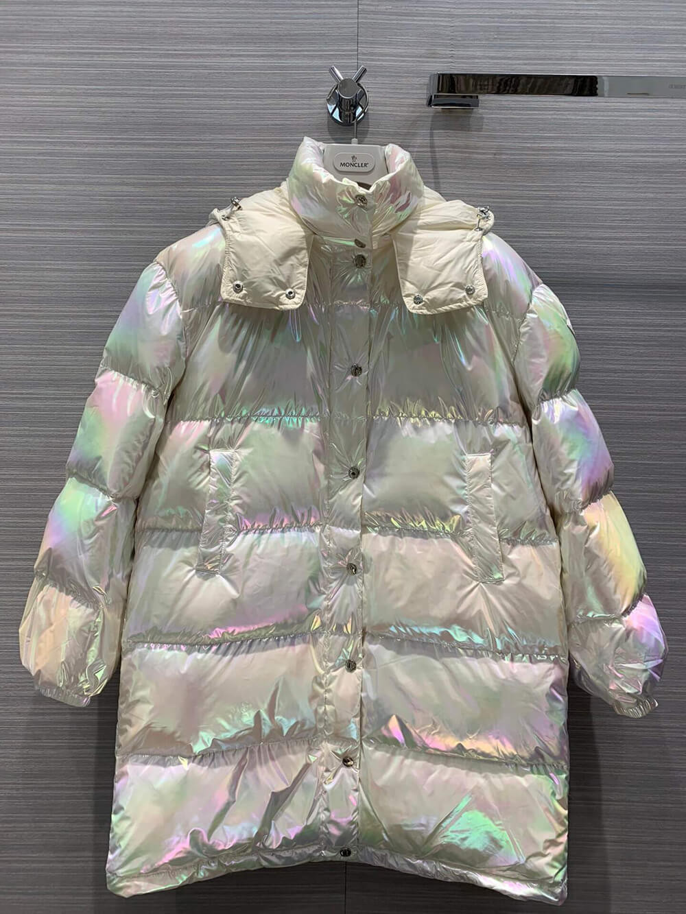 Moncler Daos Long Water Resistant Iridescent Hooded Down Puffer Coat