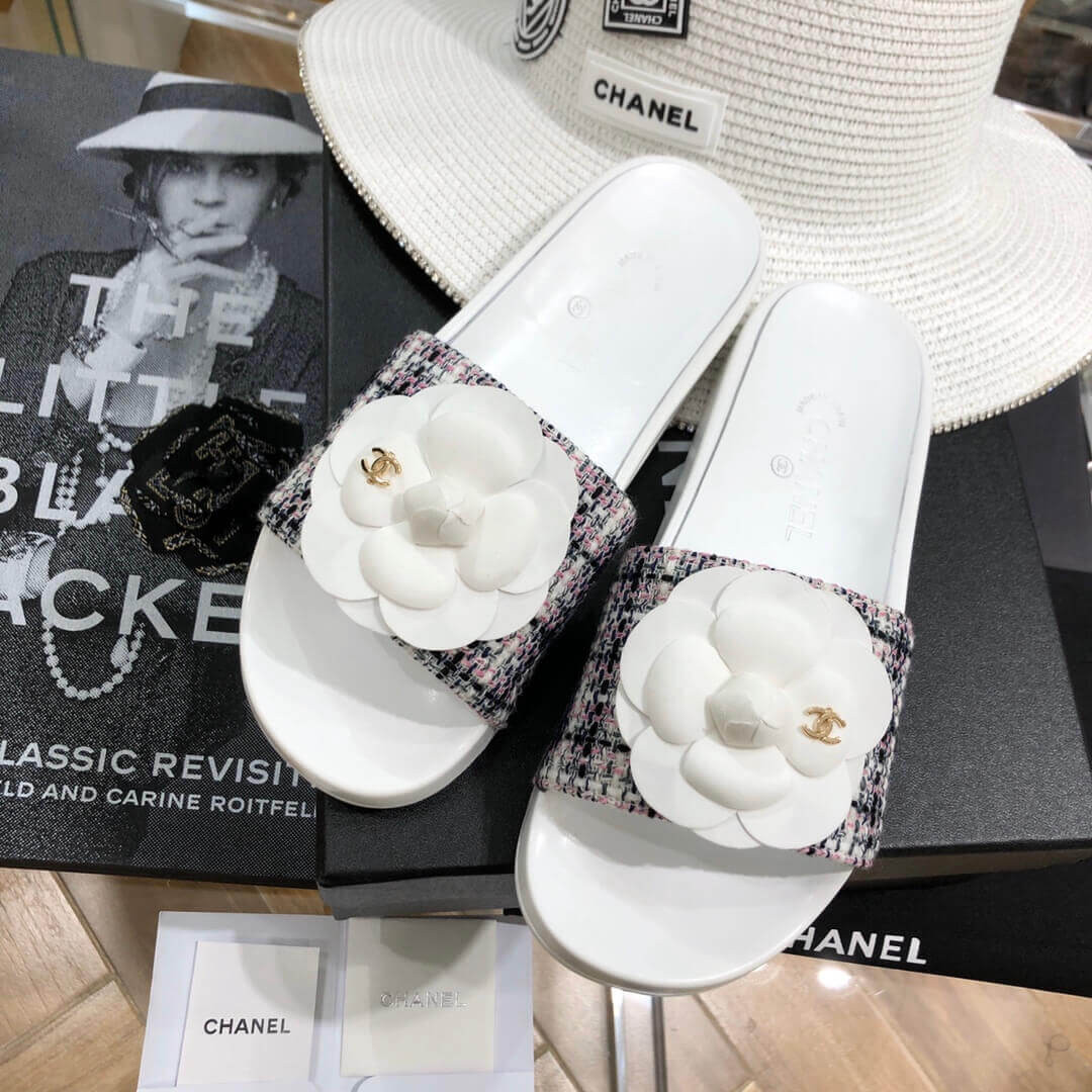 Chanel Camellia Iconic Tweed Flower Mules G14020