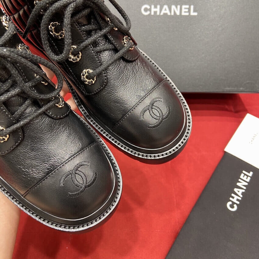 Chanel Black Quilted Gold CC Logo Chain Combat Lace Up Boots G36424