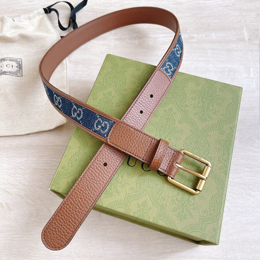 Gucci Belt With Square Buckle In Blue Denim 30mm 678694