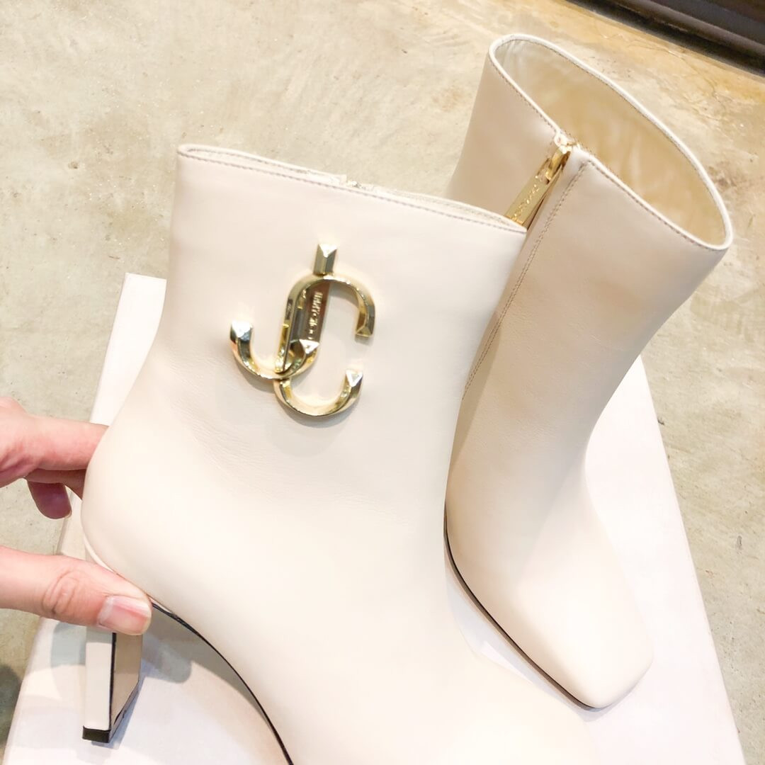 Jimmy Choo Latte Calf Leather Ankle Bootie with Gold JC Logo 80258