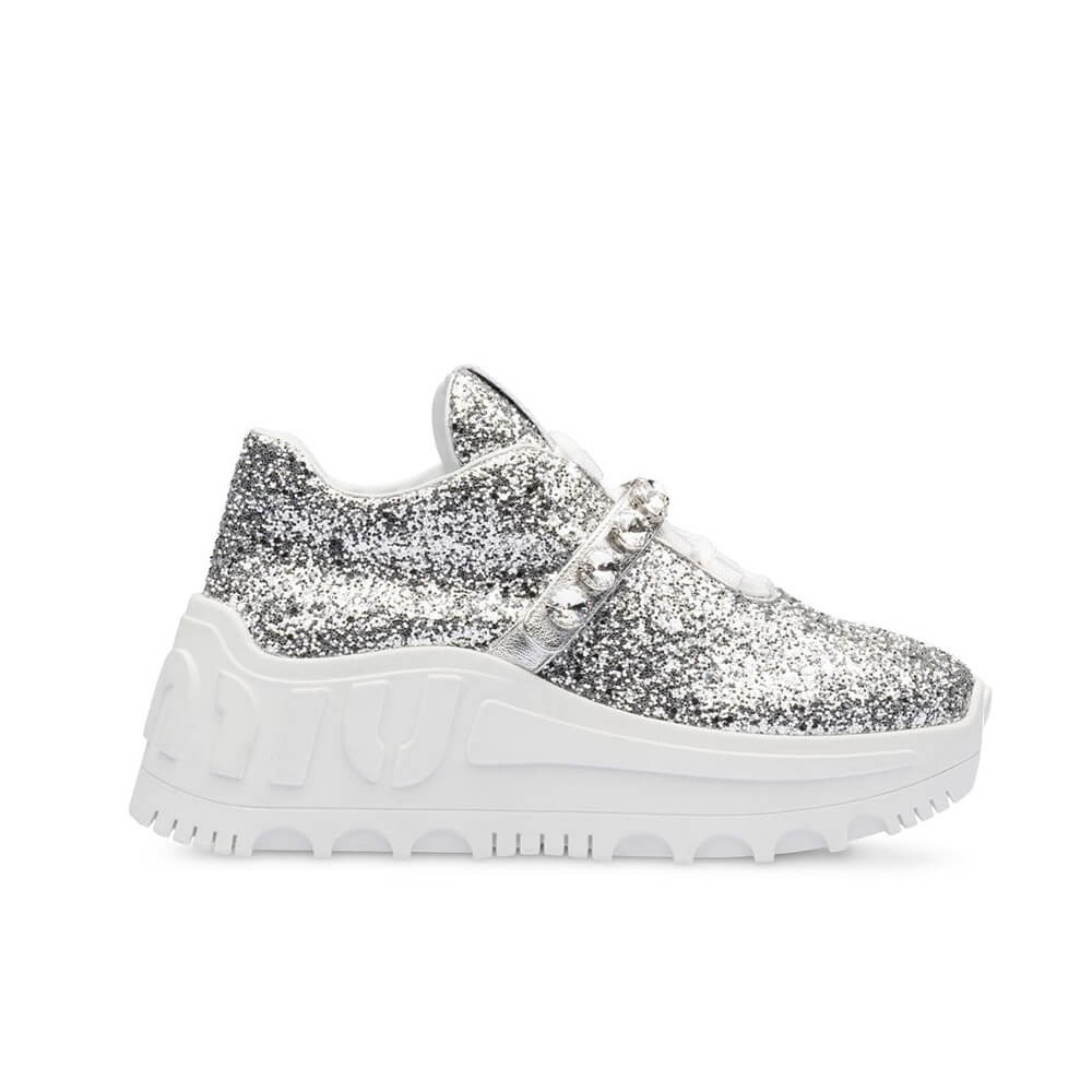 Miu Miu Glitter-Embellished Platform Sneakers 5E761