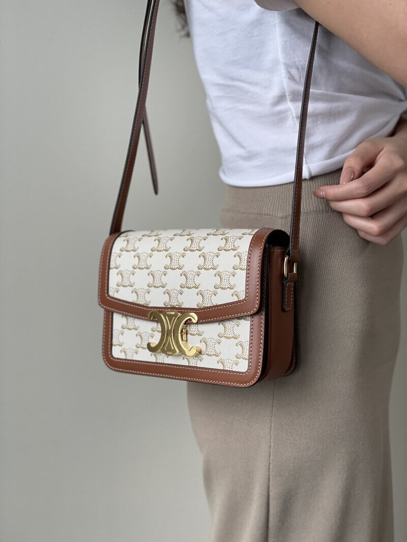 Celine Teen Triomphe Bag In Triomphe Canvas and Calfskin White 188423