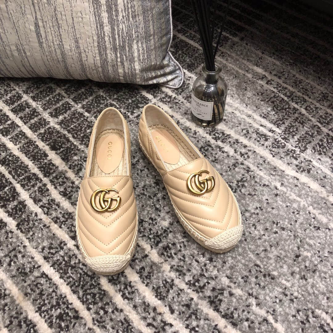 Gucci Chevron Leather Espadrille With Double G 551890 Beige