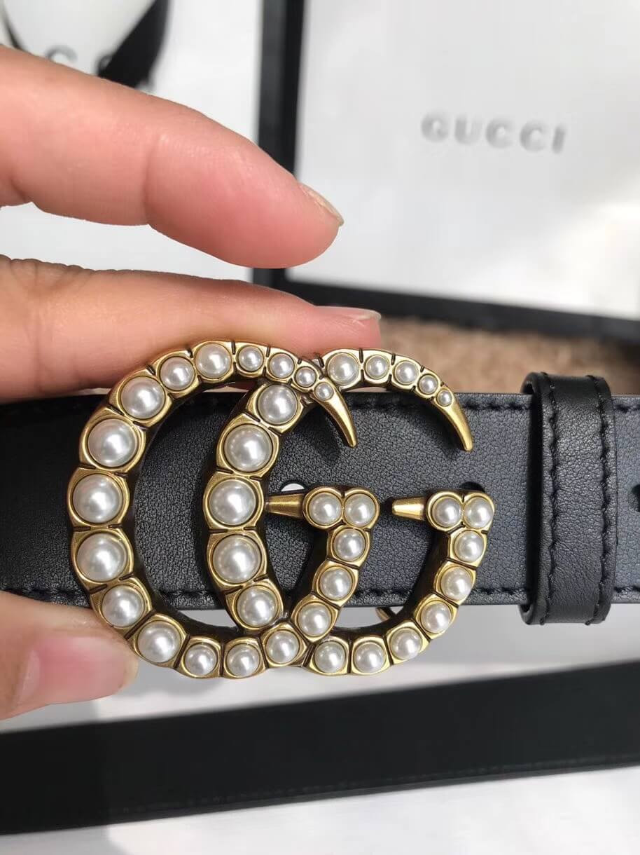 Gucci 30mm Leather Belt With Pearl Double G 453260