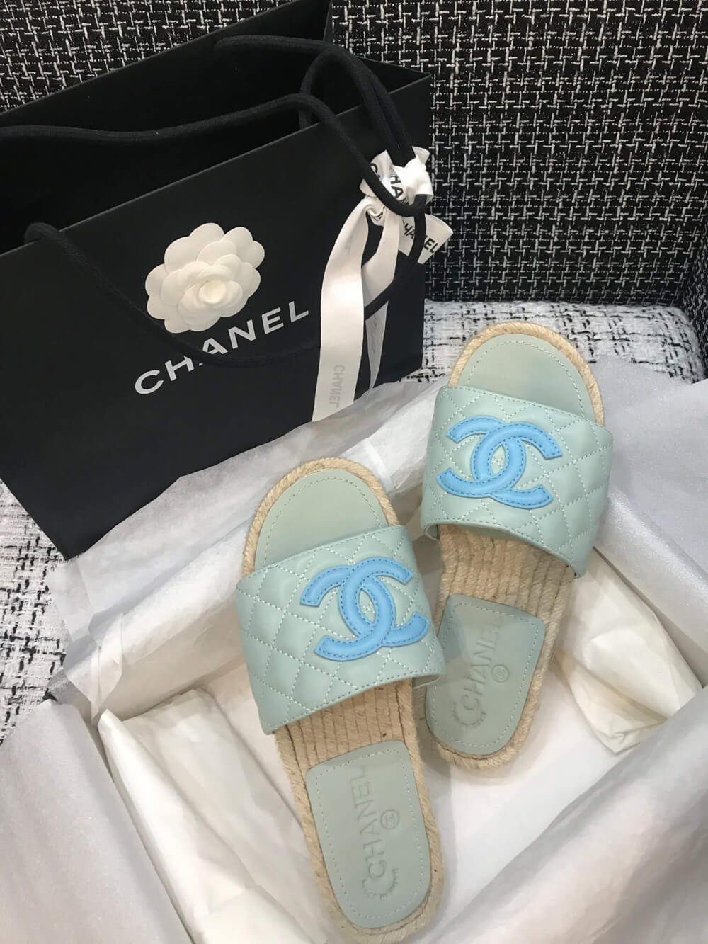 Chanel CC Quilted Mules G35604 Light Blue/Blue
