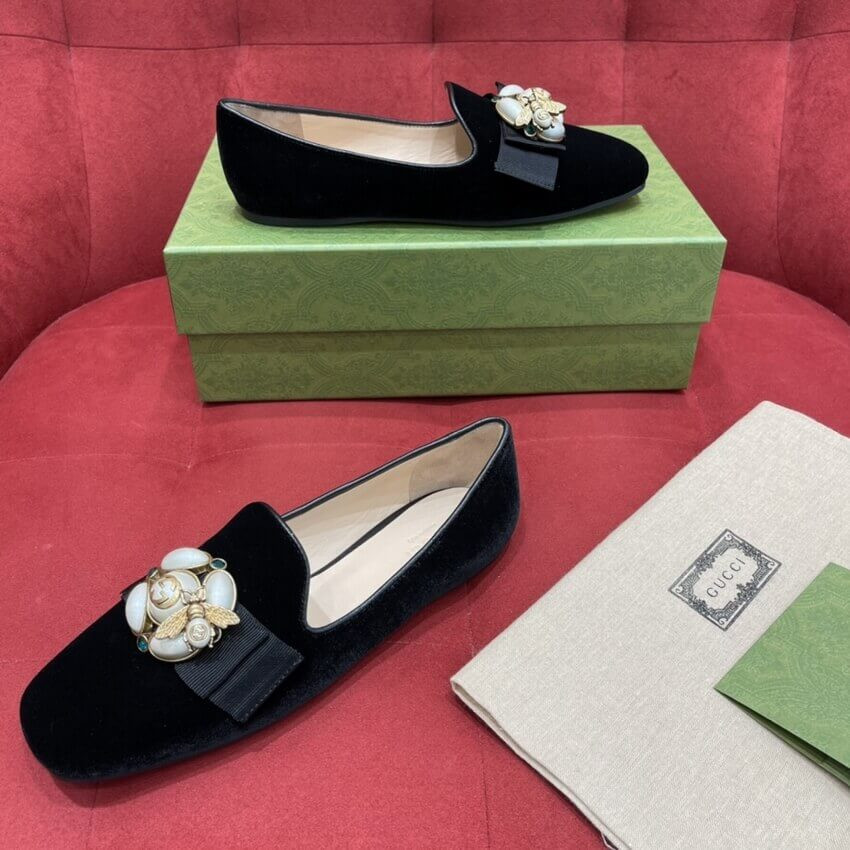 Gucci Velvet Etoile Pearl Embellished Loafers 474491