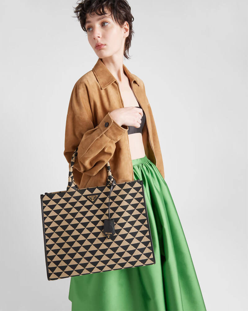 Prada Large Symbole Embroidered Fabric Handbag 1BA356 Black/Beige