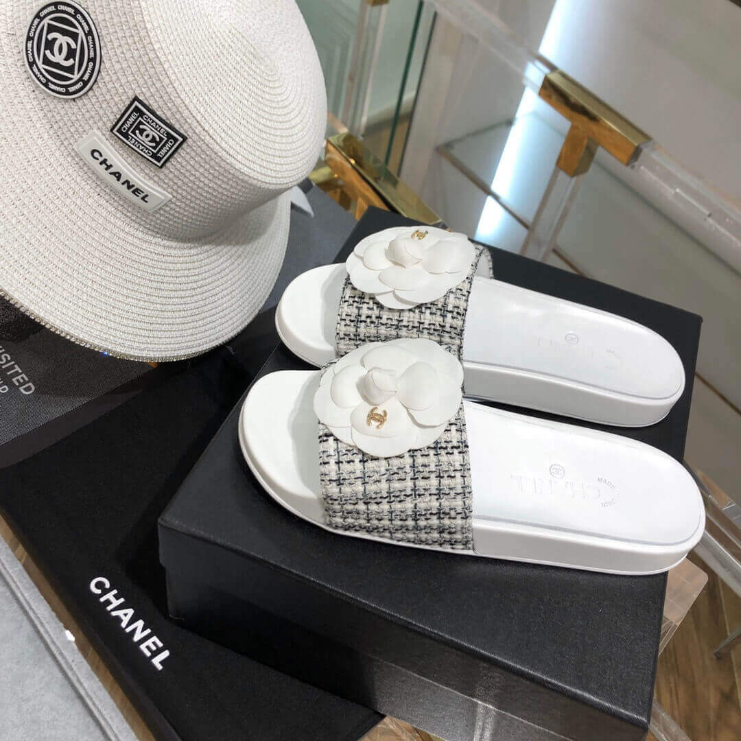 Chanel Camellia Iconic Tweed Flower Mules G14022