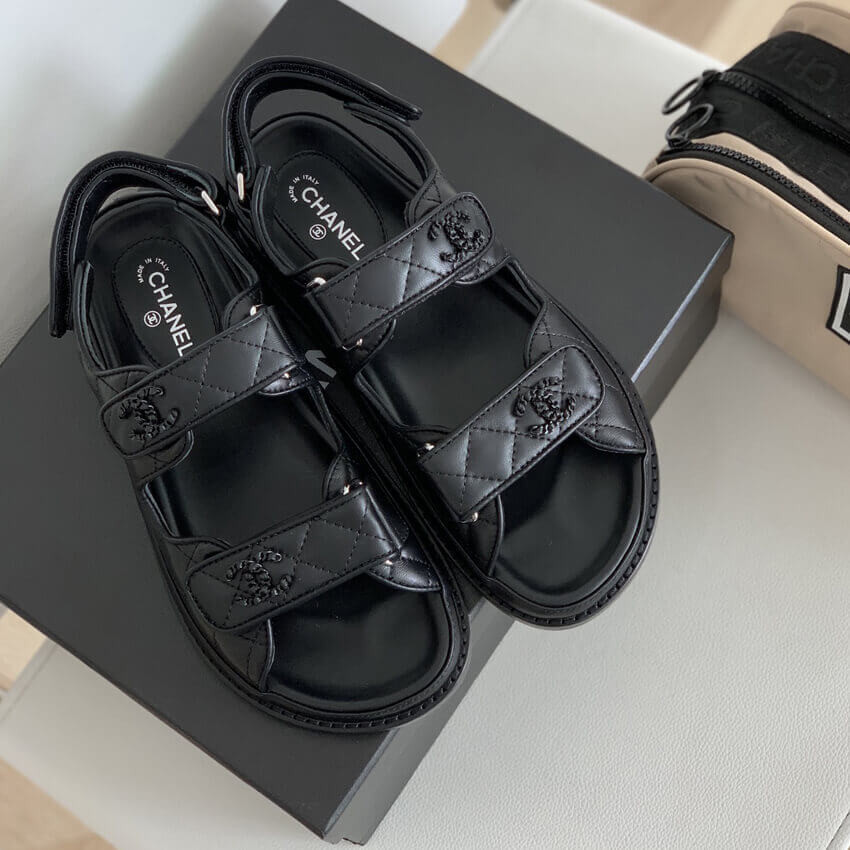 Chanel Caviar Gold CC Logo Velcro Dad Sandals G35927 Black