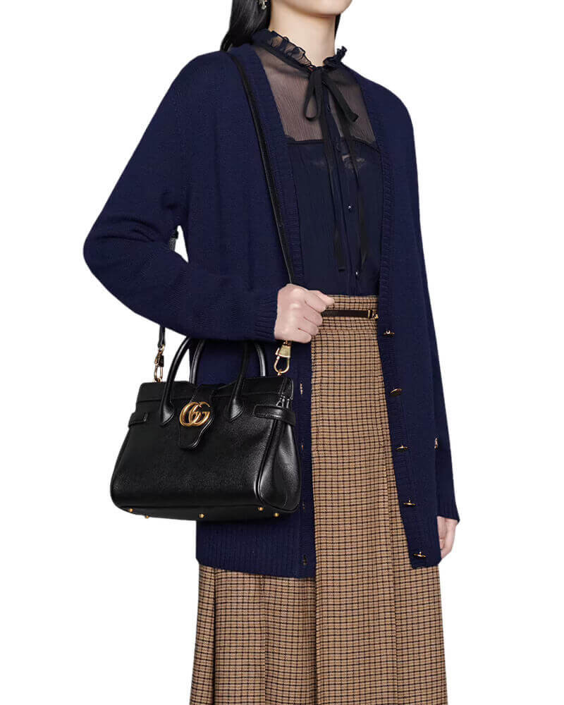 Gucci Small Top Handle Bag with Double G in Black Leather 658450