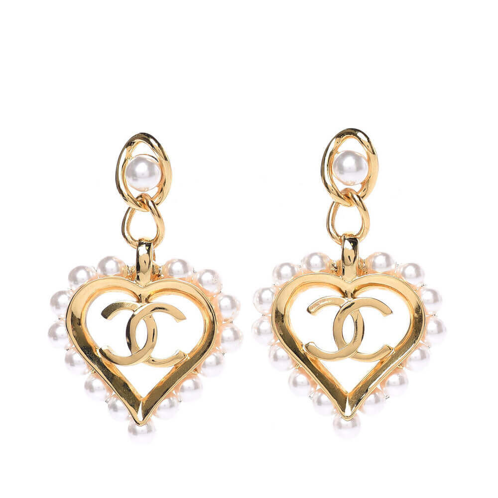 Chanel Pearl Heart CC Drop Earrings 481991