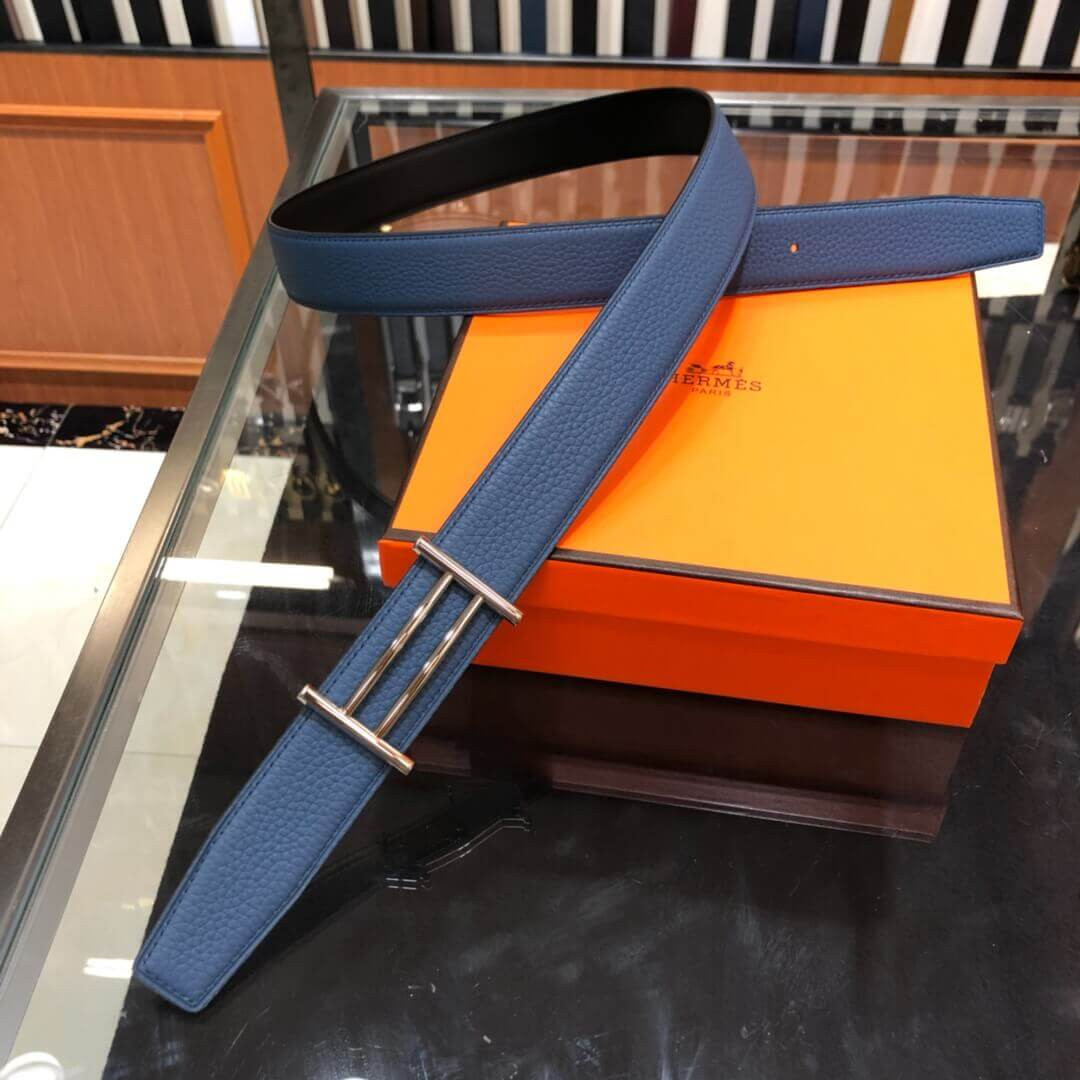 Hermes Rider Belt Buckle & Reversible Leather Strap 40mm H075372 Blue/Black