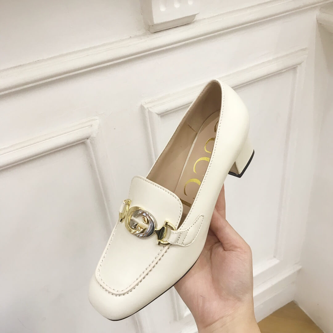 Gucci Zumi Leather Mid-Heel Loafer 575832 White