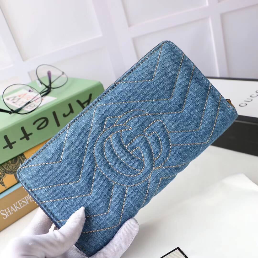 Gucci Denim Print Applique Zip Around Wallet 443123