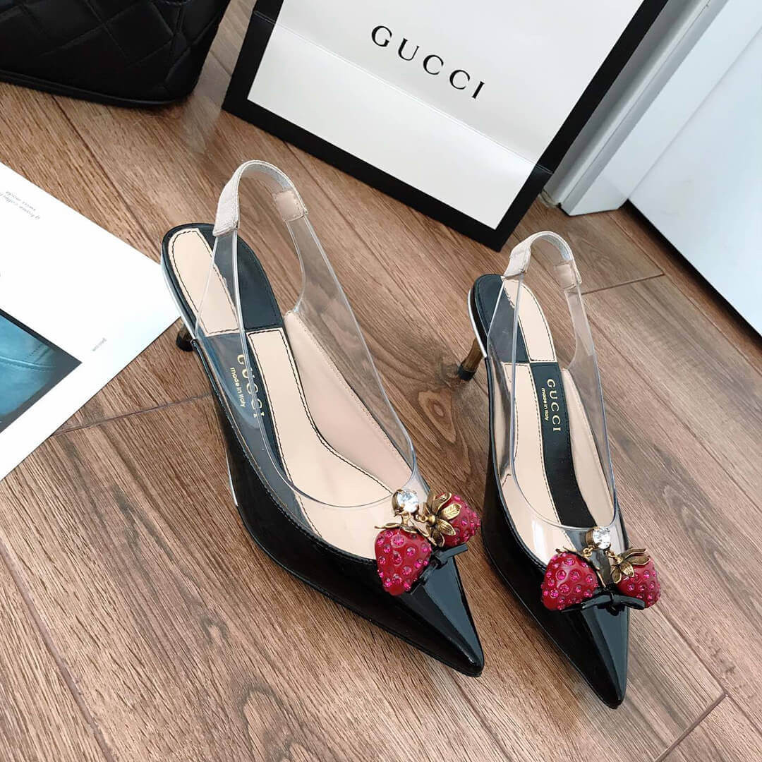 Gucci Eleonor Strawberry Patent Slingback Pumps 286148 Black
