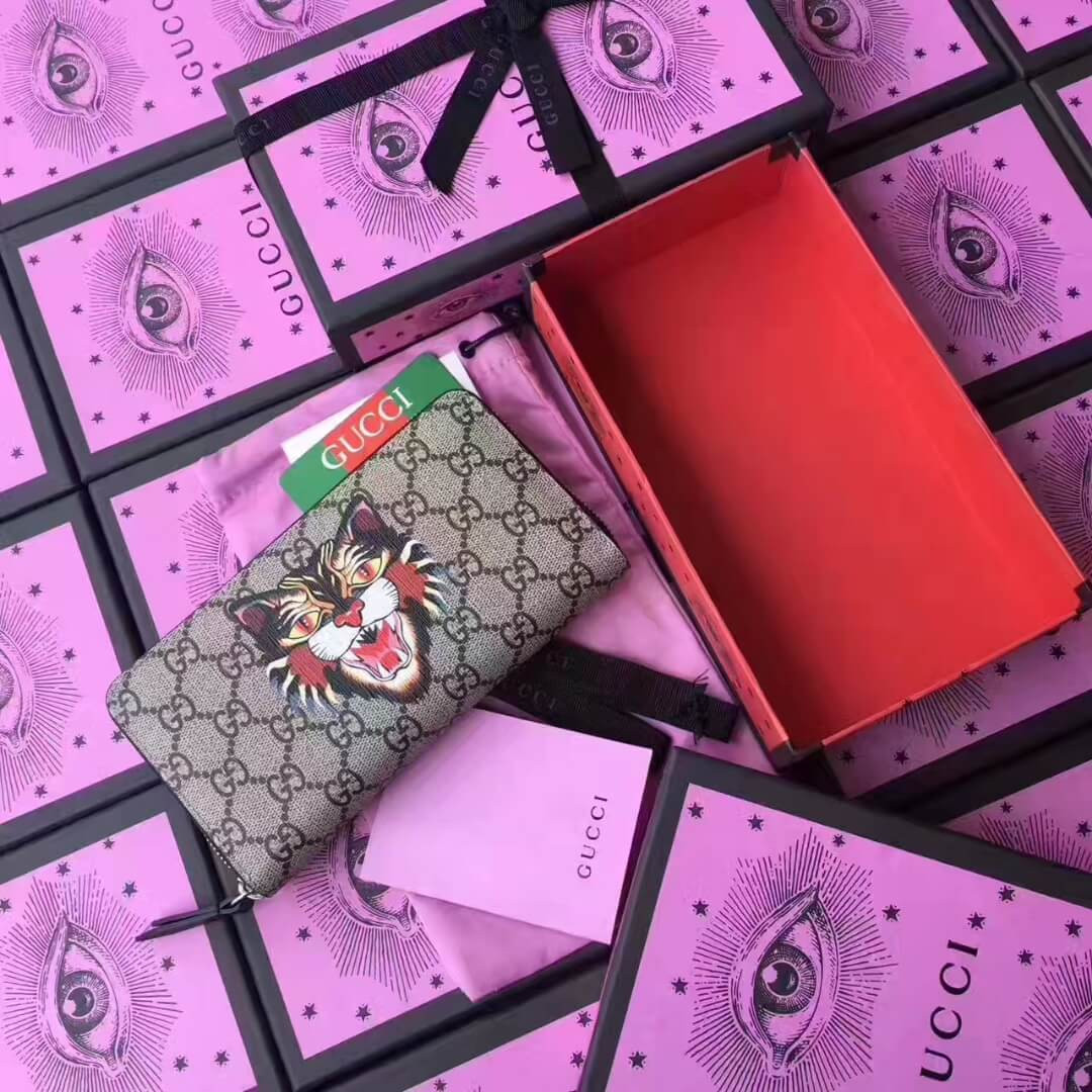 Gucci Angry Cat Print GG Supreme Zip Around Wallet 451273