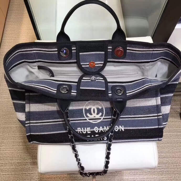 Chanel Deauville Black Grey Striped Tweed Canvas Tote A66941