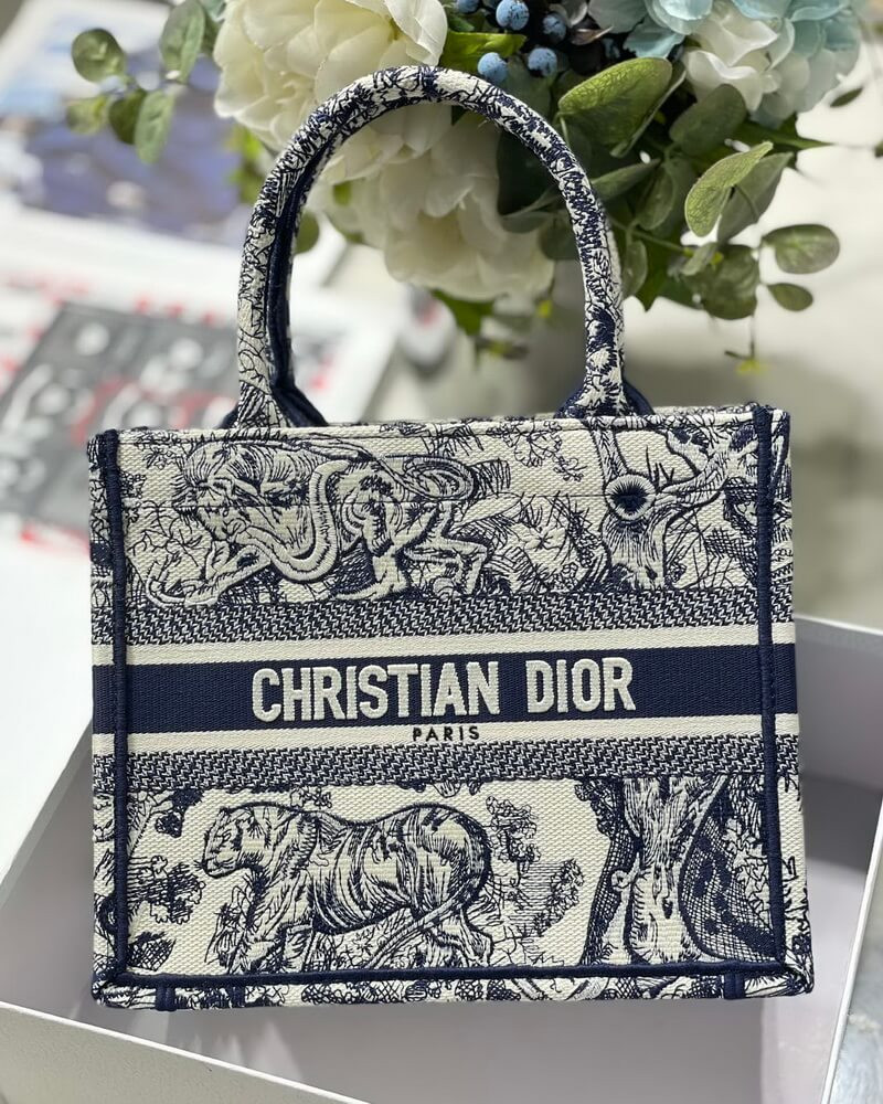 Christian Dior Small Book Tote Bag 26cm Toile De Jouy Reverse Embroidery Blue