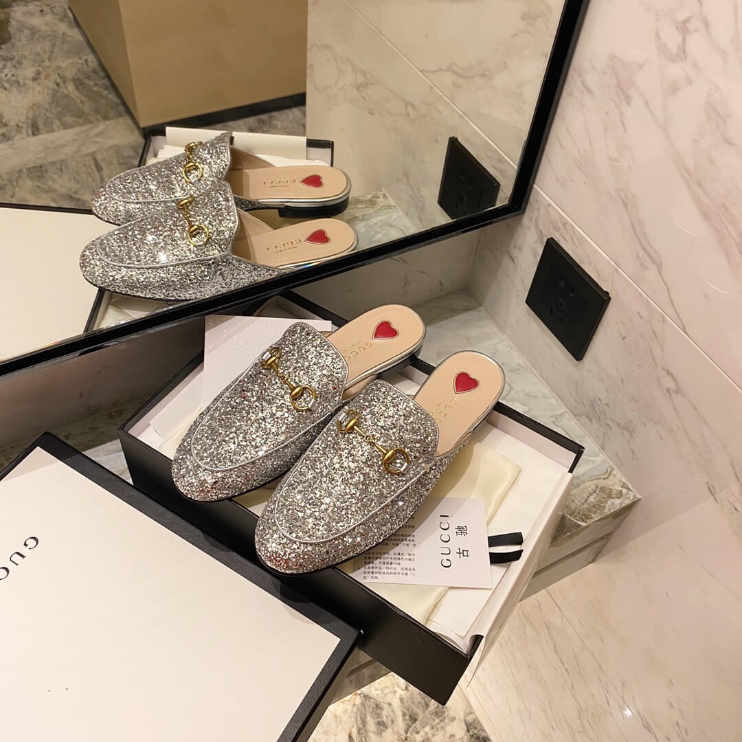 Gucci Princetown Glitter Silver Slipper 432773