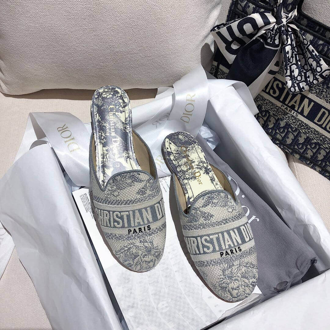 Christian Dior Off Toile De Jouy Canvas Embroidered Cotton Mule KCB608