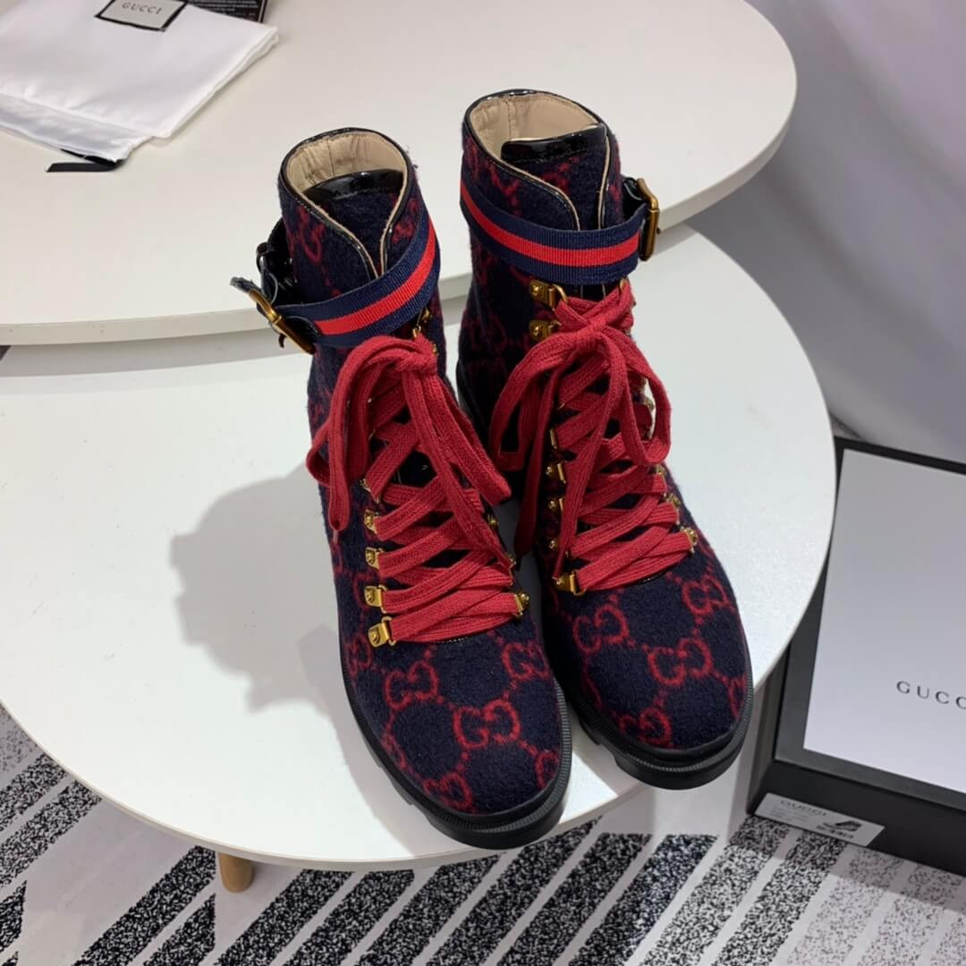 Gucci Trip GG Wool Combat Boots 583349 Blue/Red