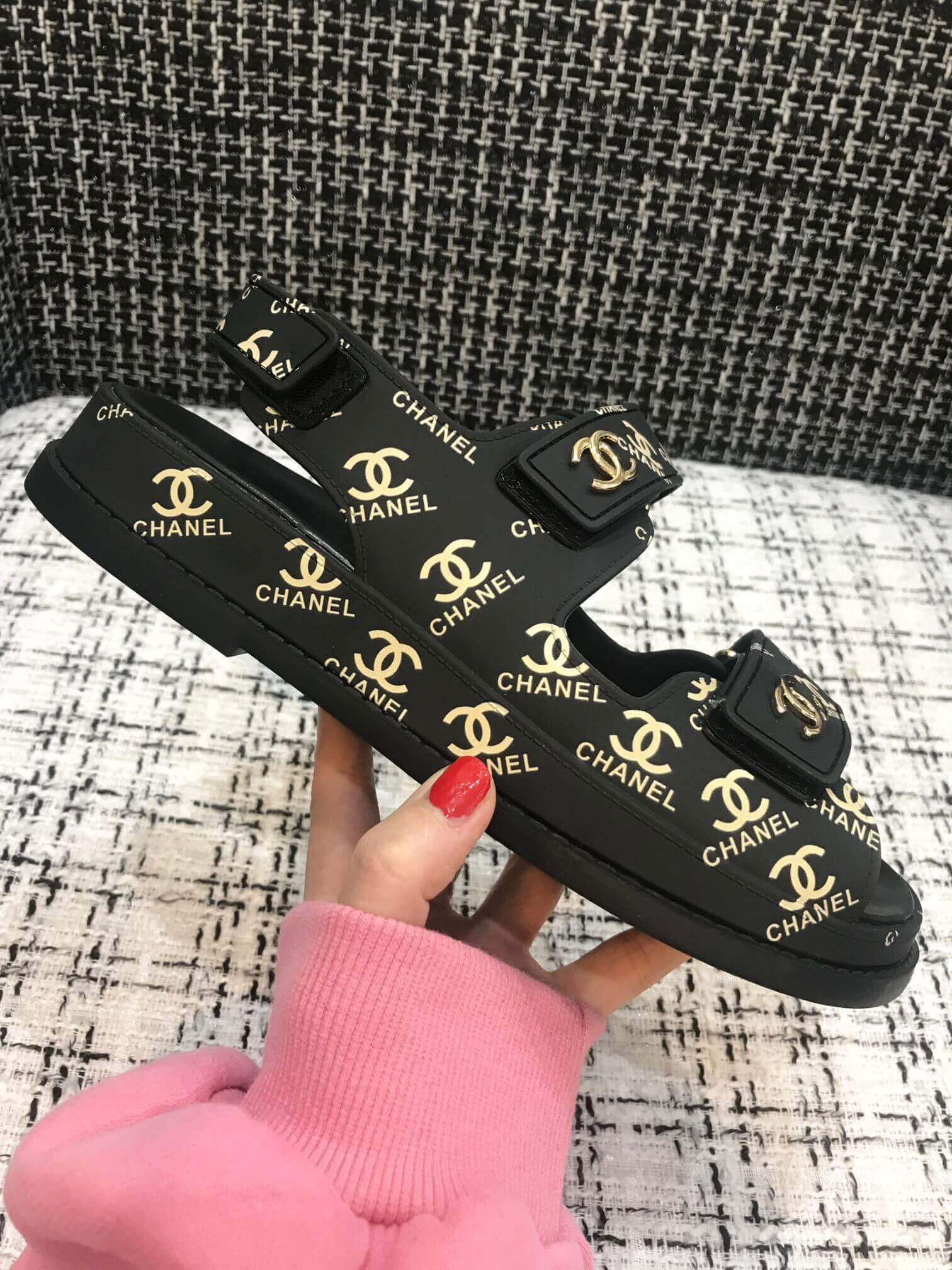 Chanel Velcro Sandals G31848 Black/Gold