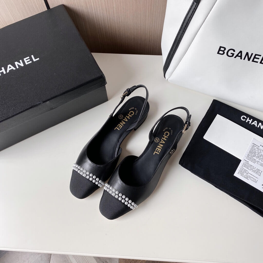 Chanel Pearl Embellished CC Cap Toe Flat Slingbacks 36125