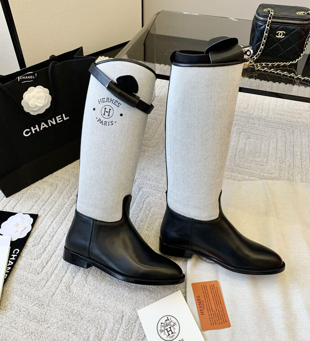 Hermes Box Calfskin and Canvas Jumping Boots H231081