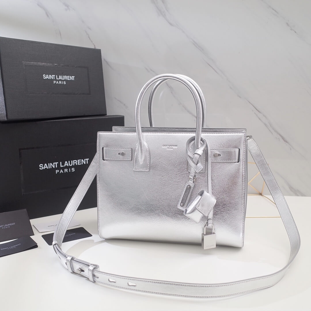 Saint Laurent Sac De Jour Souple Baby In Crumpled Silver Calf Leather 477477