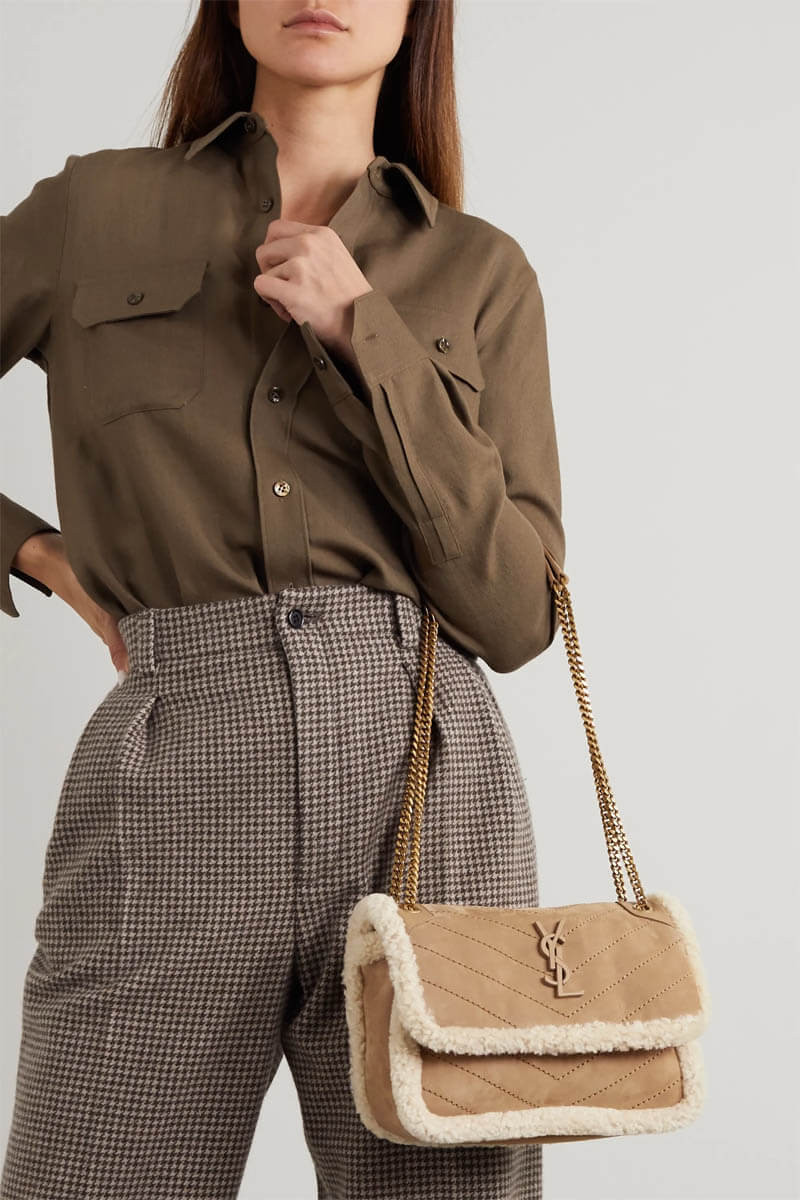 YSL Saint Laurent Niki Baby Mini Shearling-Trimmed Nubuck Shoulder Bag 533037