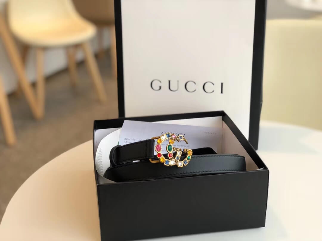 Gucci 20mm Leather Belt With Crystal Double G Buckle 513183