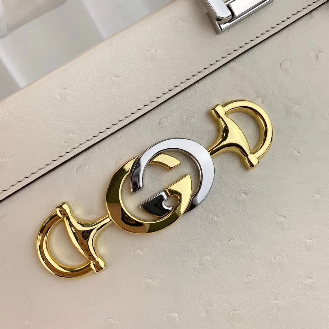 Gucci Zumi Ostrich Leather Medium Top Handle Bag 564714 White